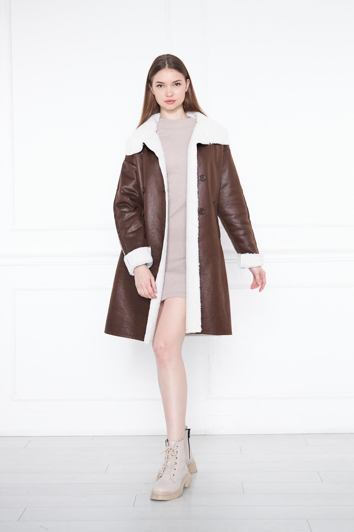 Içi Suni Kürklü Deri Uzun Kaban