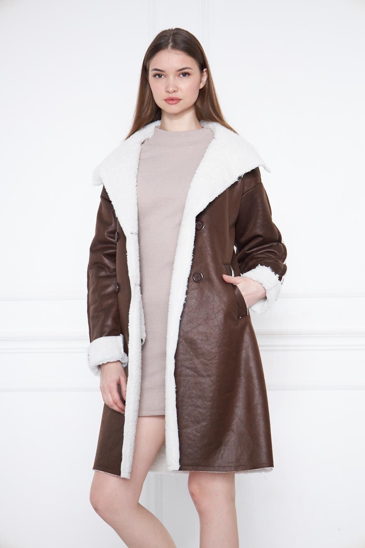 Içi Suni Kürklü Deri Uzun Kaban