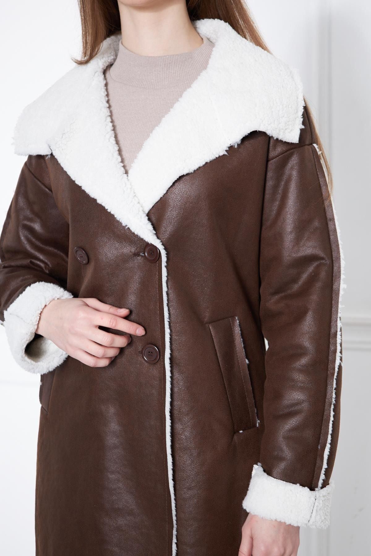 Içi Suni Kürklü Deri Uzun Kaban