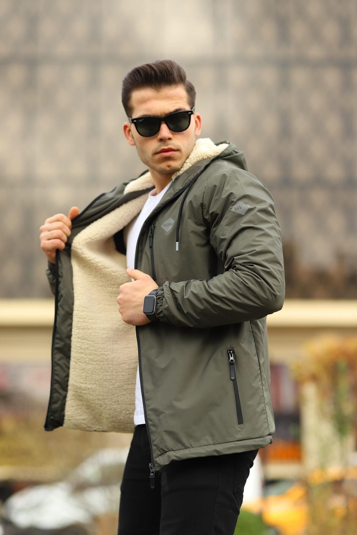 Erkek Içi Kürklü Suya Dayanıklı Kapüşonlu Cepli Yağmurluk Haki