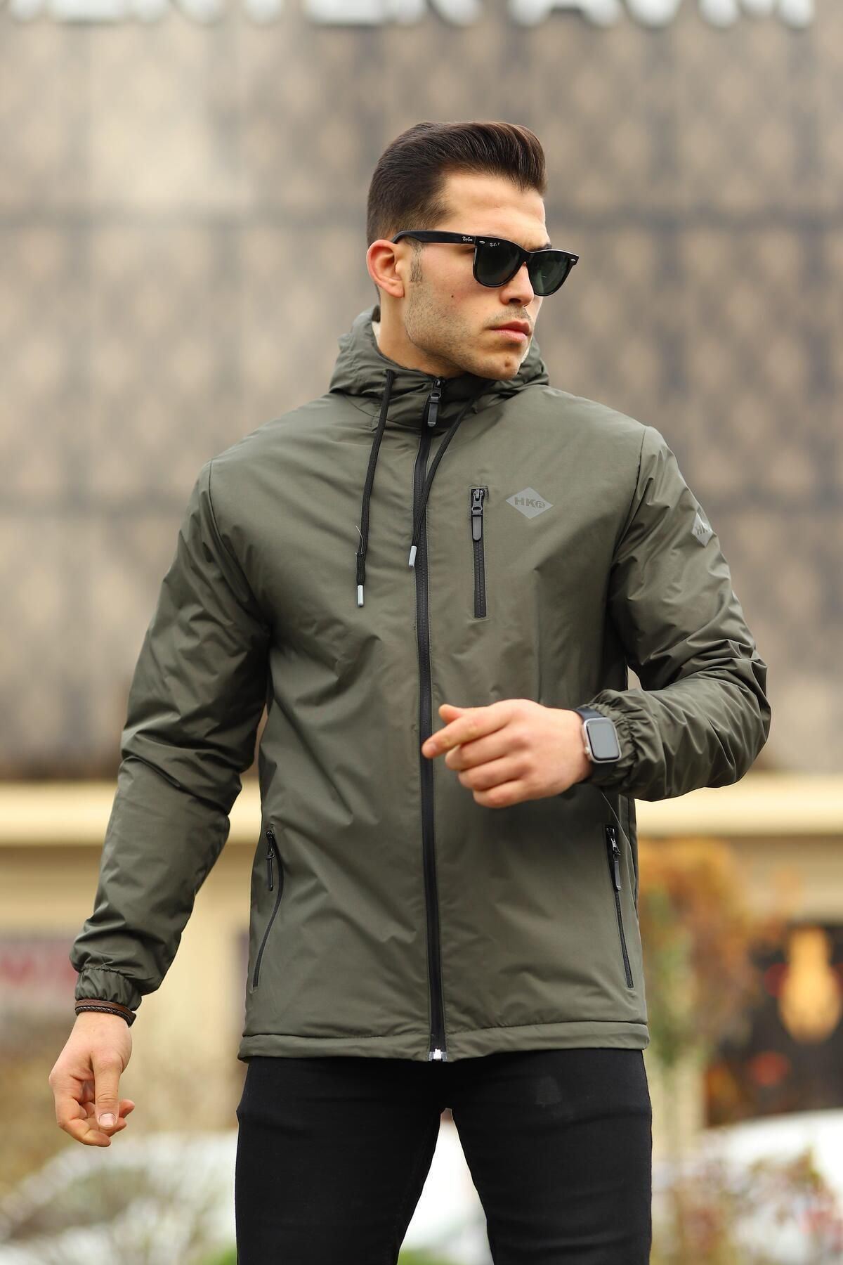 Erkek Içi Kürklü Suya Dayanıklı Kapüşonlu Cepli Yağmurluk Haki