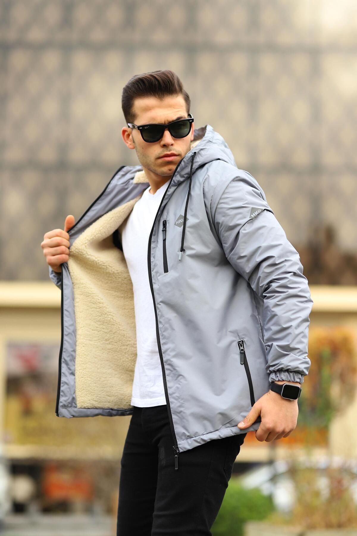 Erkek Içi Kürklü Suya Dayanıklı Kapüşonlu Cepli Yağmurluk