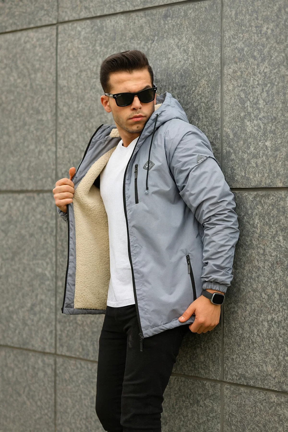 Erkek Içi Kürklü Suya Dayanıklı Kapüşonlu Cepli Yağmurluk