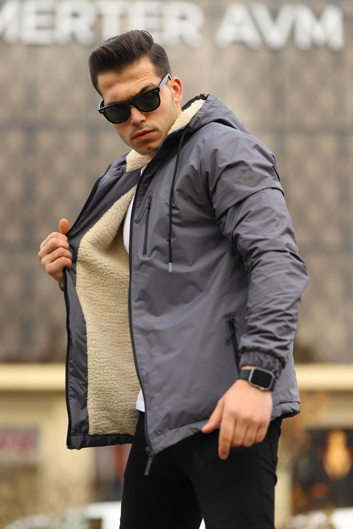 Erkek Içi Kürklü Suya Dayanıklı Kapüşonlu Cepli Yağmurluk