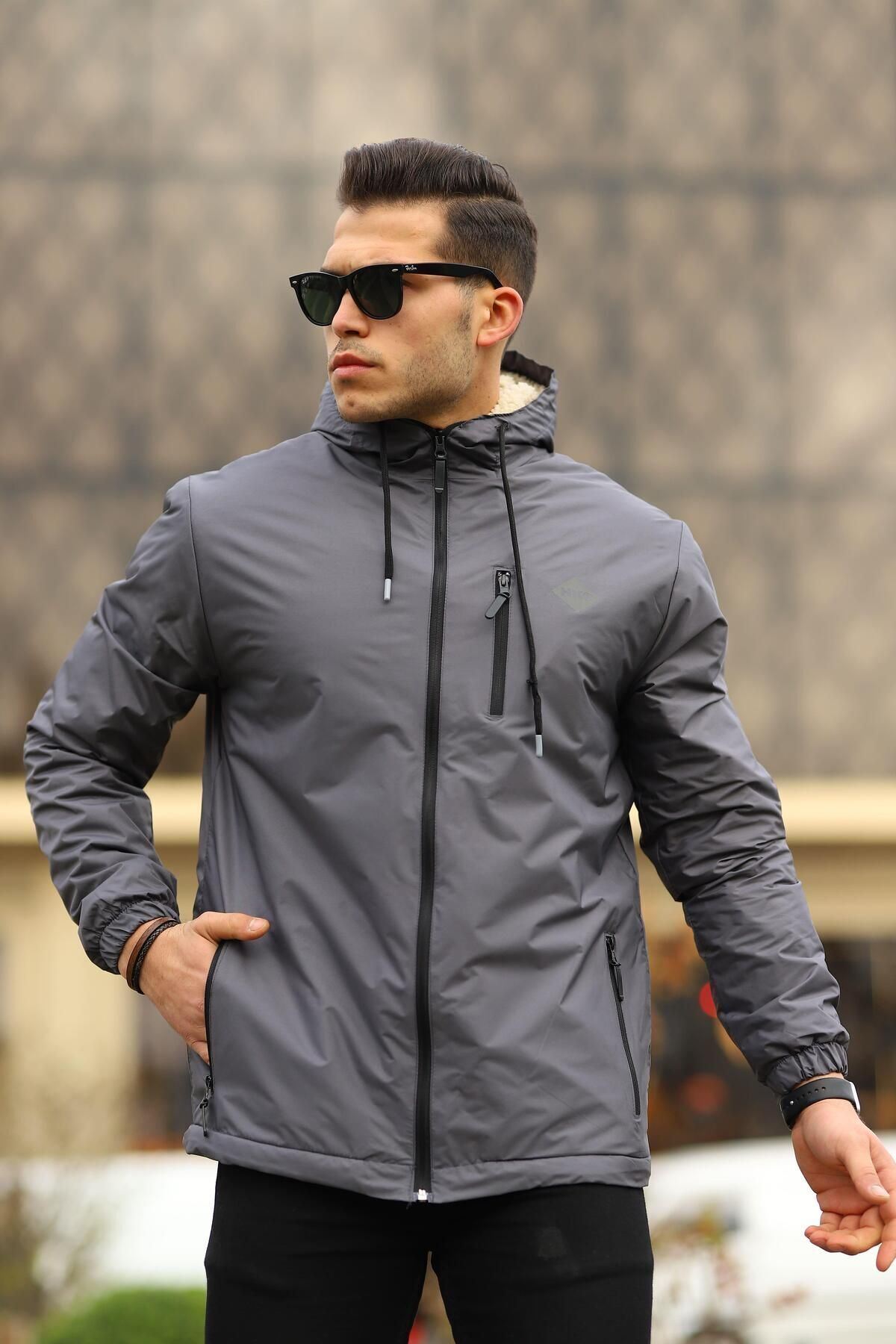 Erkek Içi Kürklü Suya Dayanıklı Kapüşonlu Cepli Yağmurluk