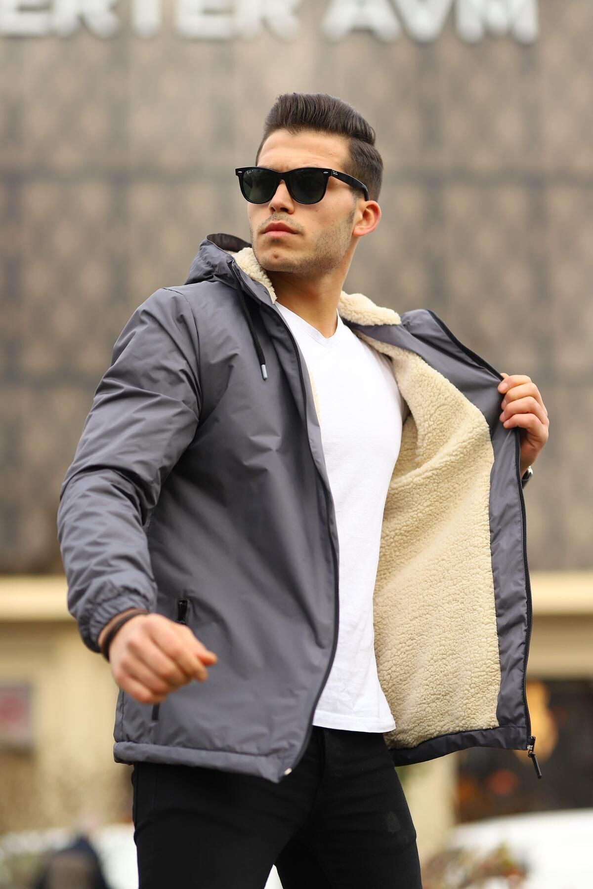 Erkek Içi Kürklü Suya Dayanıklı Kapüşonlu Cepli Yağmurluk