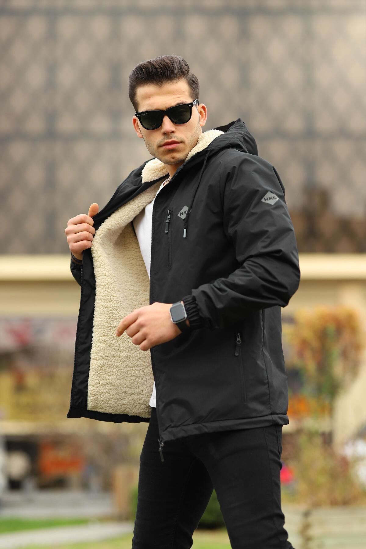 Erkek Içi Kürklü Suya Dayanıklı Kapüşonlu Cepli Yağmurluk