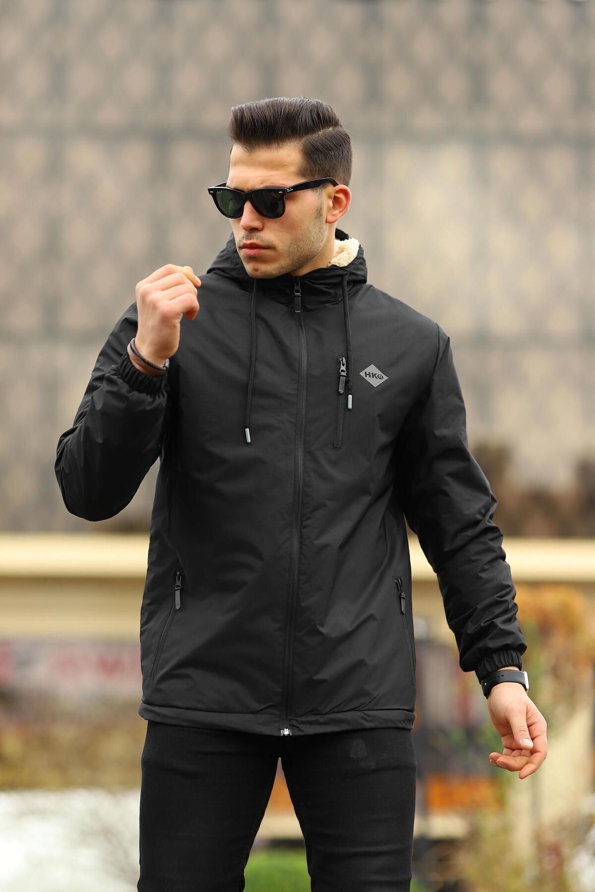 Erkek Içi Kürklü Suya Dayanıklı Kapüşonlu Cepli Yağmurluk