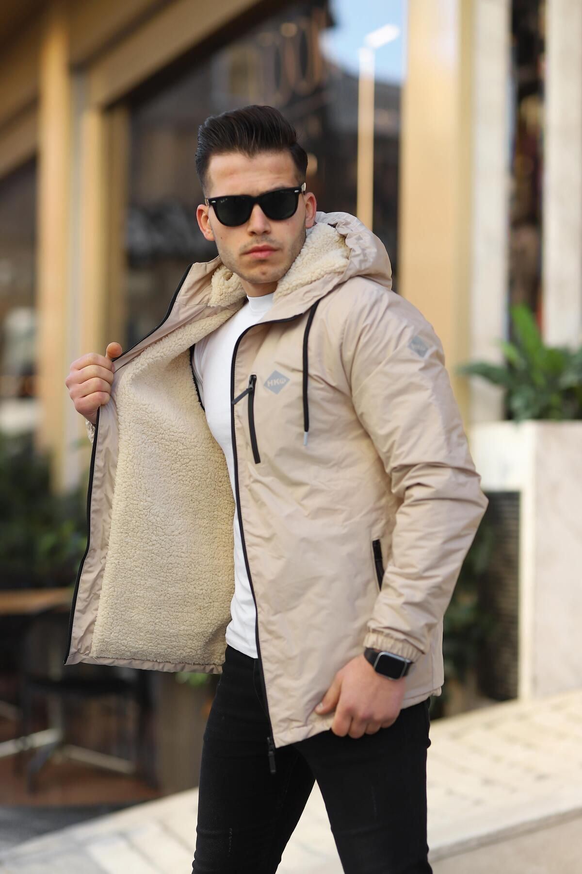 Erkek Içi Kürklü Suya Dayanıklı Kapüşonlu Cepli Yağmurluk