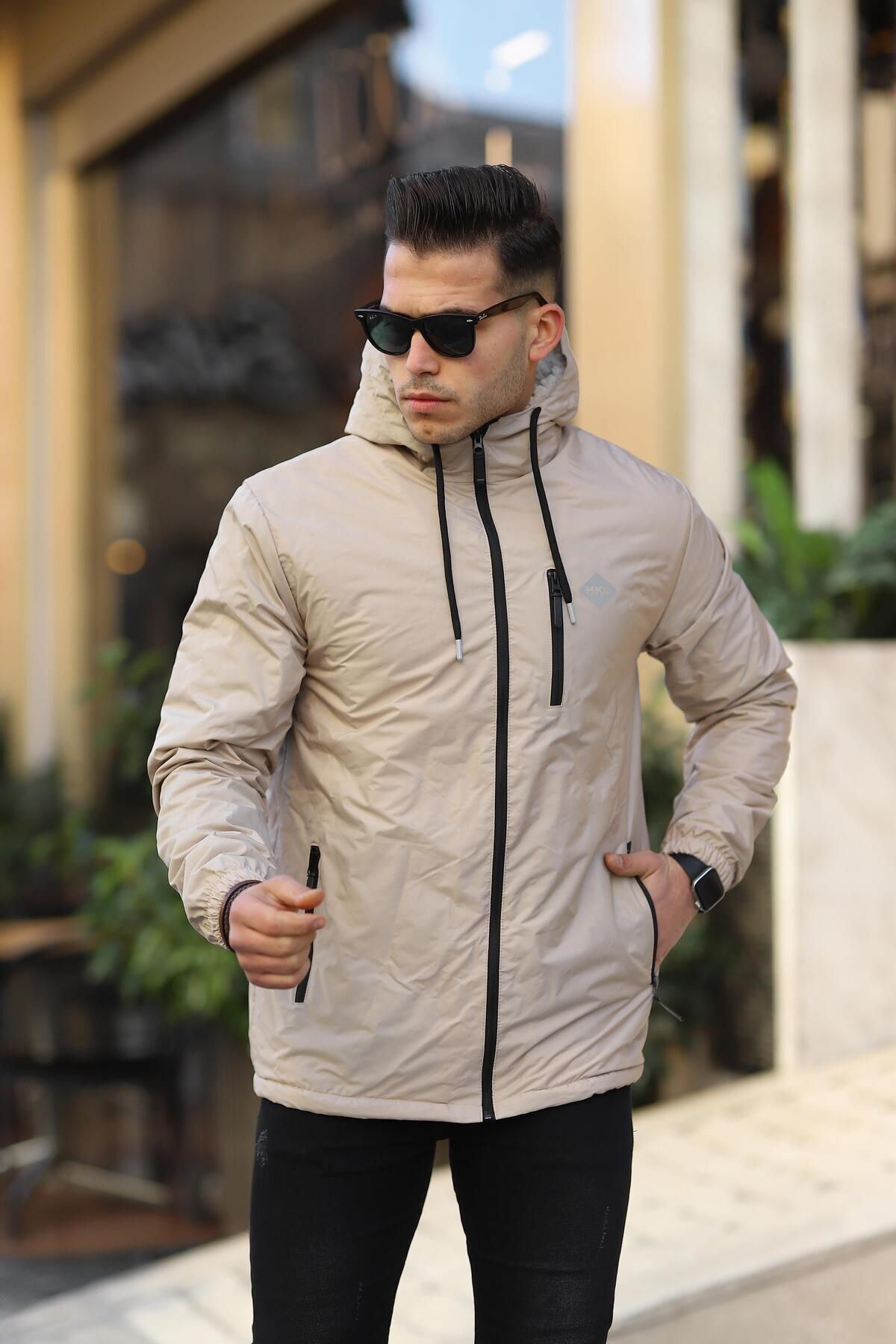 Erkek Içi Kürklü Suya Dayanıklı Kapüşonlu Cepli Yağmurluk