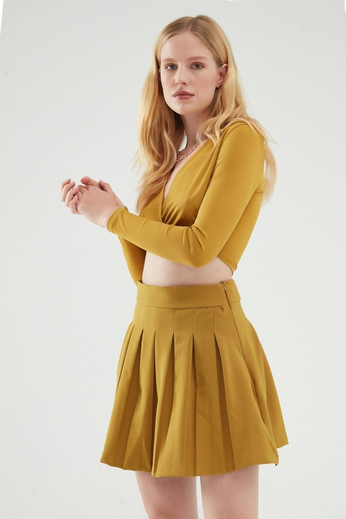 Pileli Içi Şortlu Mini Etek Olive