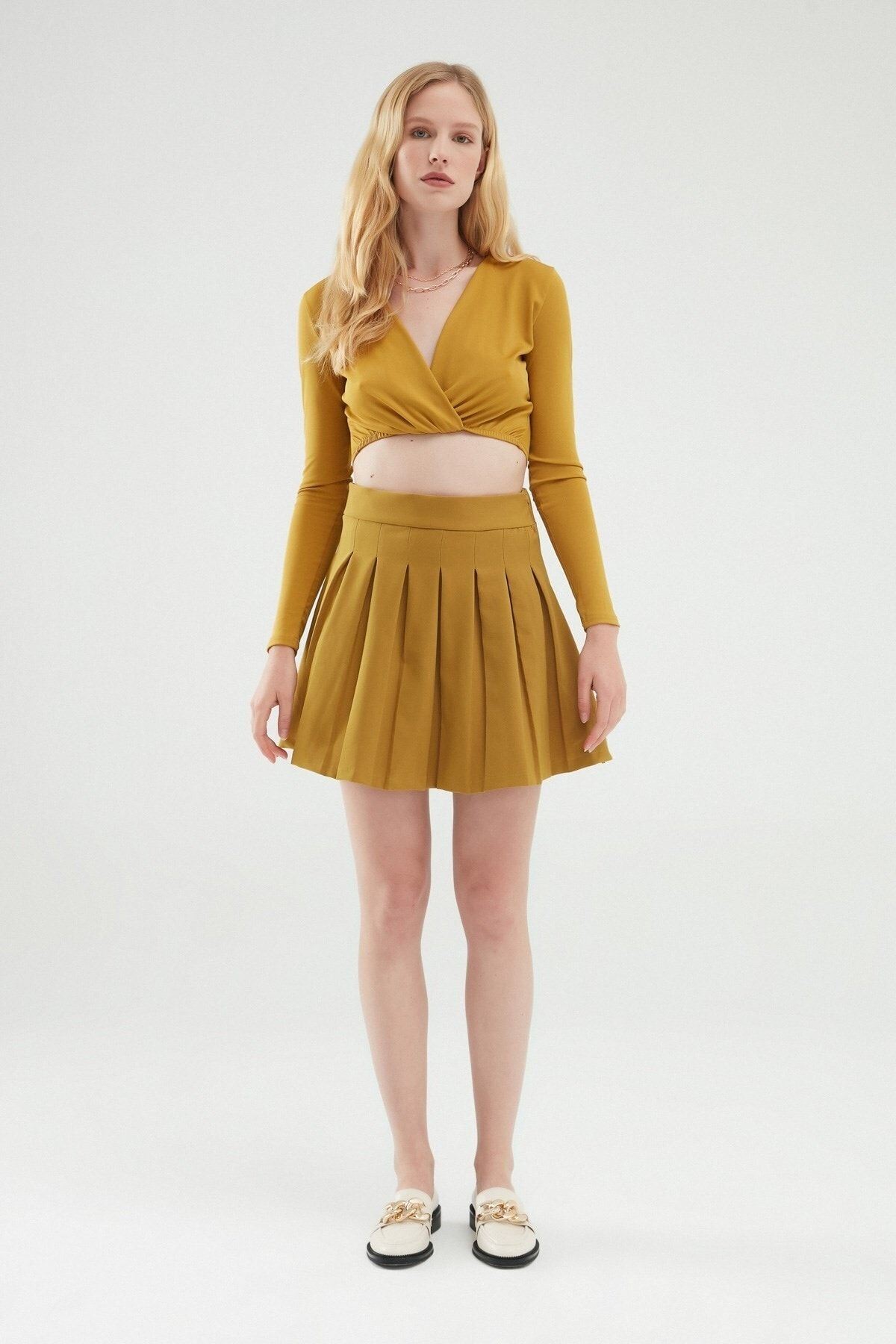 Pileli Içi Şortlu Mini Etek Olive