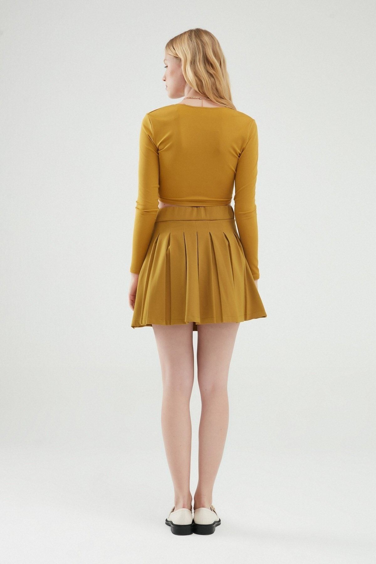 Pileli Içi Şortlu Mini Etek Olive