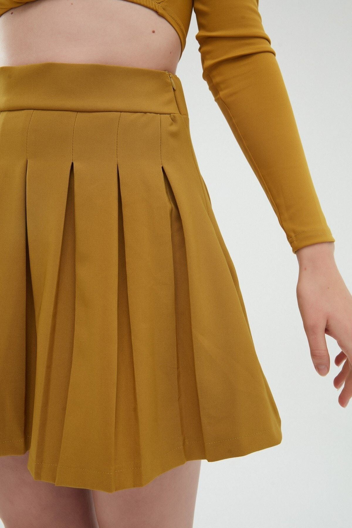 Pileli Içi Şortlu Mini Etek Olive