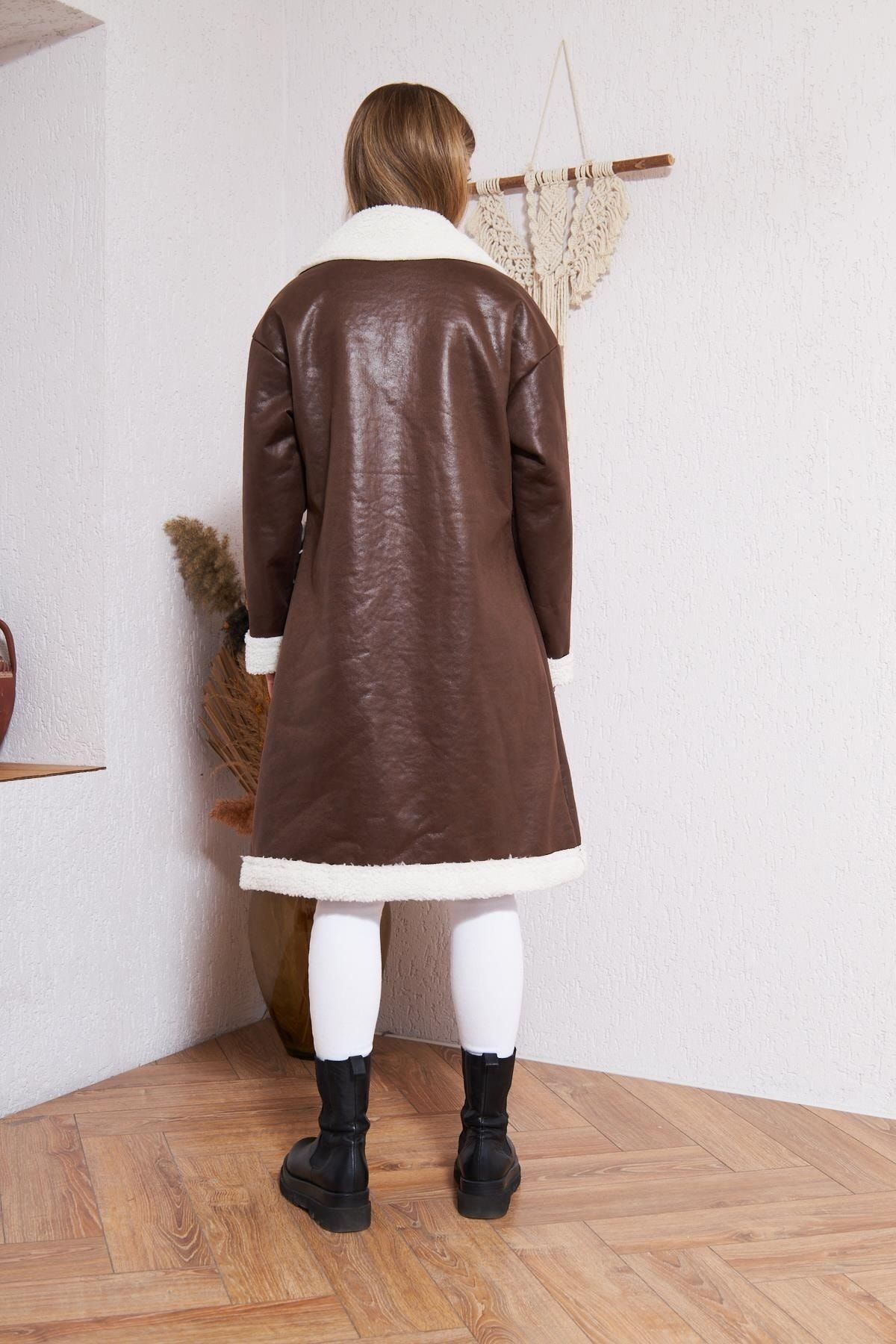 Kadın Trend Içi Kürklü Deri Cepli Kahve Ceket Kaban