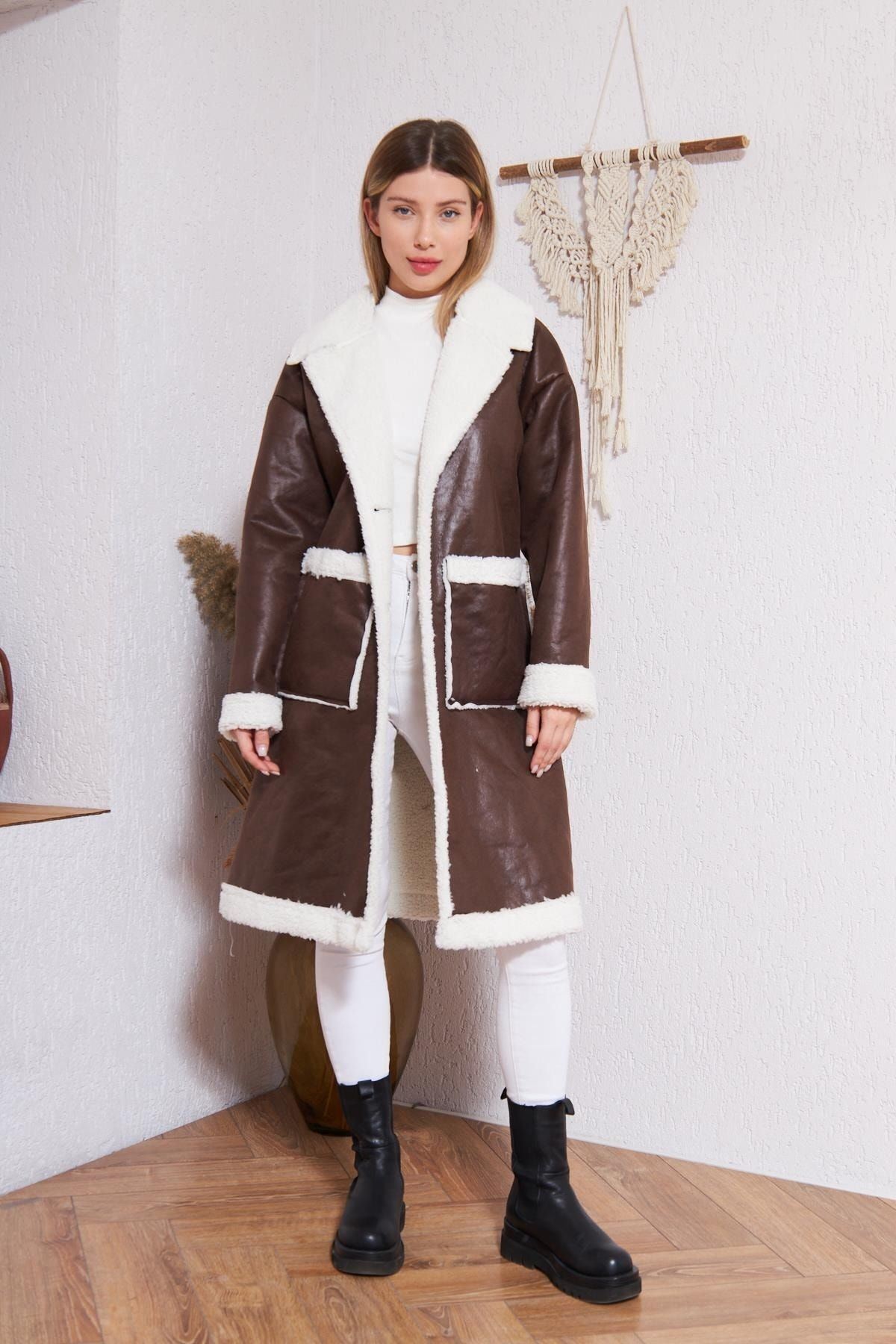 Kadın Trend Içi Kürklü Deri Cepli Kahve Ceket Kaban