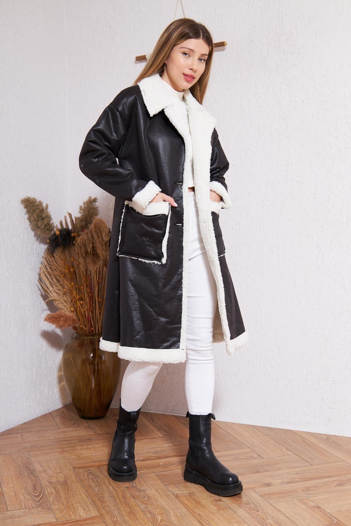 Kadın Içi Suni Kürklü Suni Deri Kaban