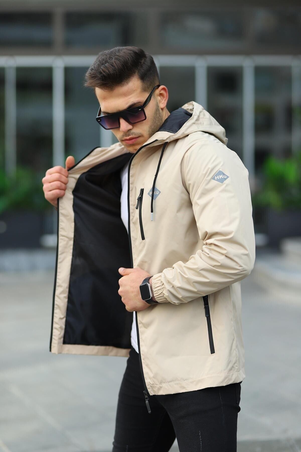 Erkek Içi Astarlı Suya Dayanıklı Kapüşonlu Cepli Yağmurluk