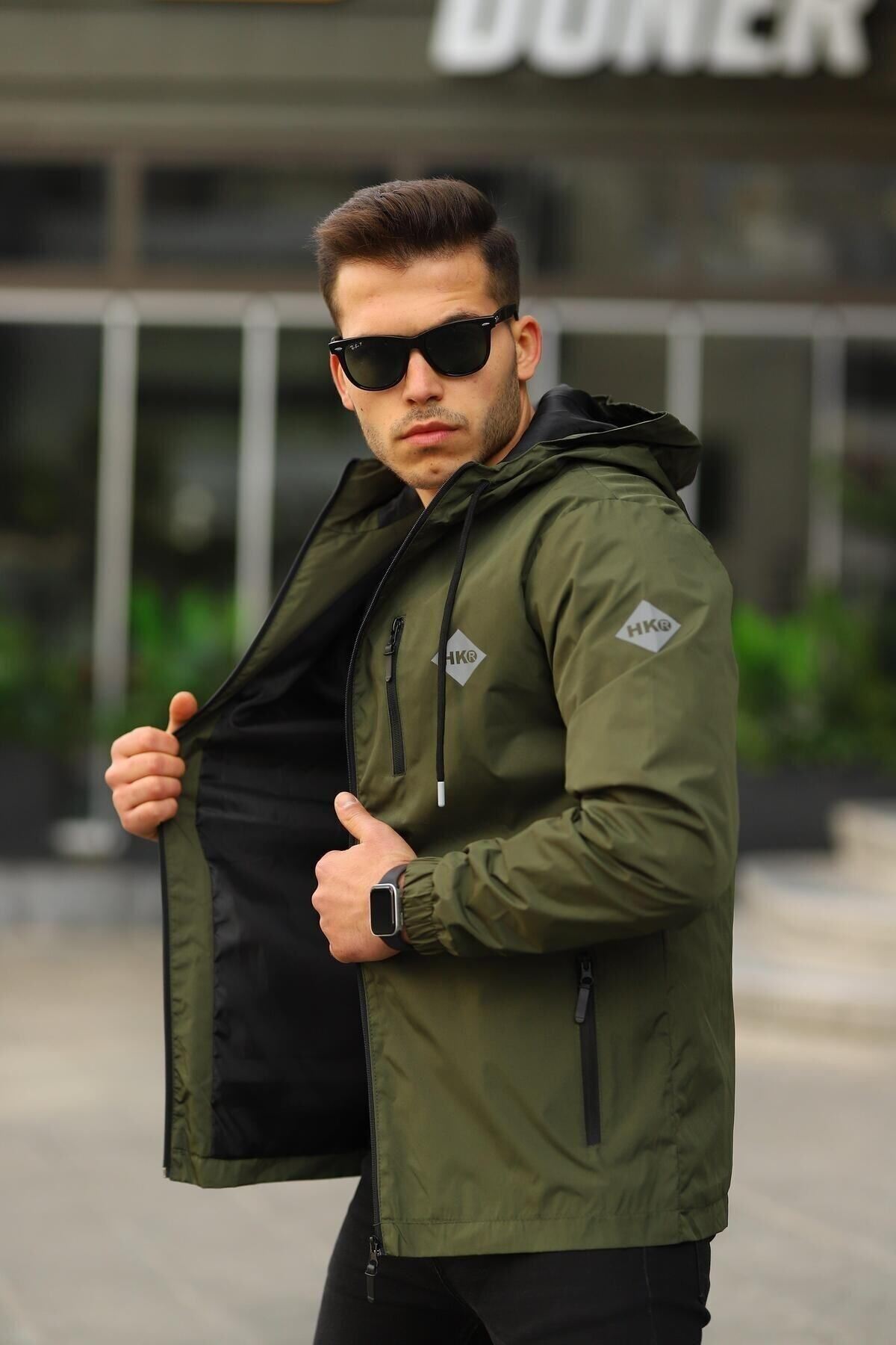 Erkek Içi Astarlı Suya Dayanıklı Kapüşonlu Cepli Yağmurluk