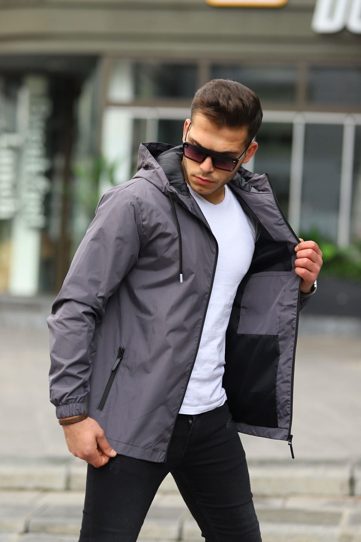 Erkek Içi Astarlı Suya Dayanıklı Kapüşonlu Cepli Yağmurluk