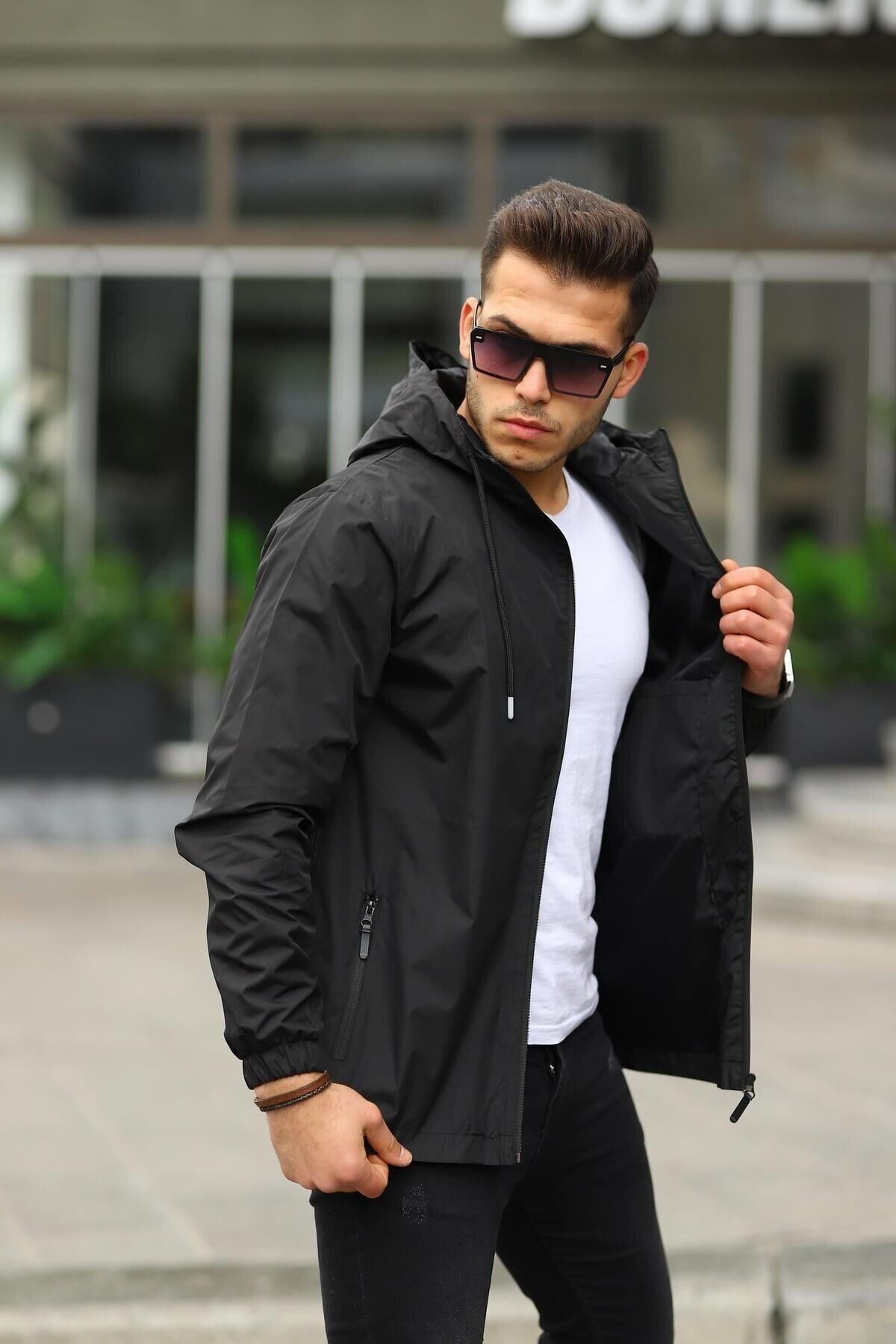 Erkek Içi Astarlı Suya Dayanıklı Kapüşonlu Cepli Yağmurluk