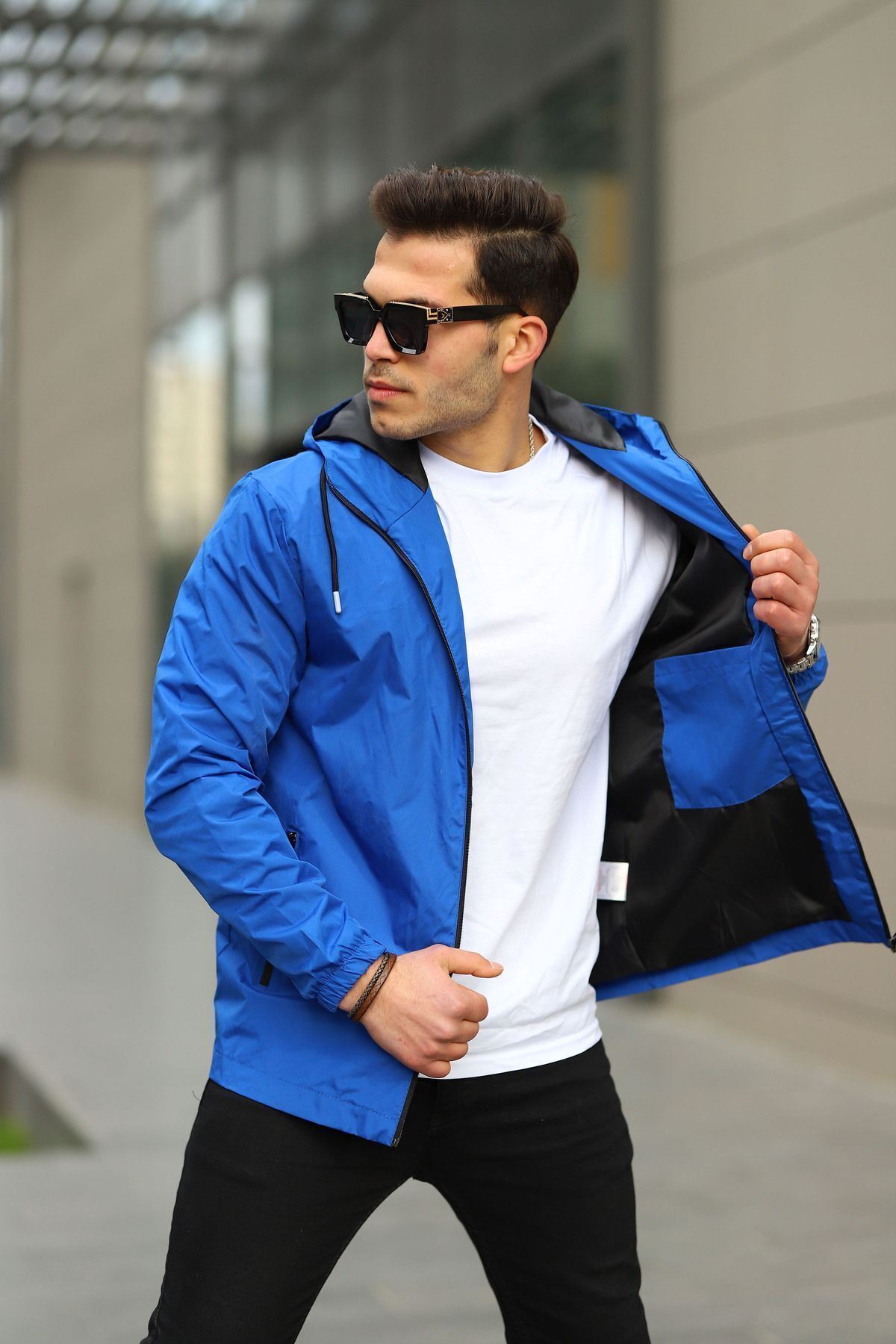 Erkek Içi Astarlı Suya Dayanıklı Kapüşonlu Cepli Yağmurluk