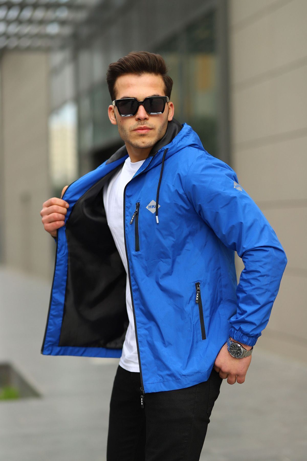 Erkek Içi Astarlı Suya Dayanıklı Kapüşonlu Cepli Yağmurluk