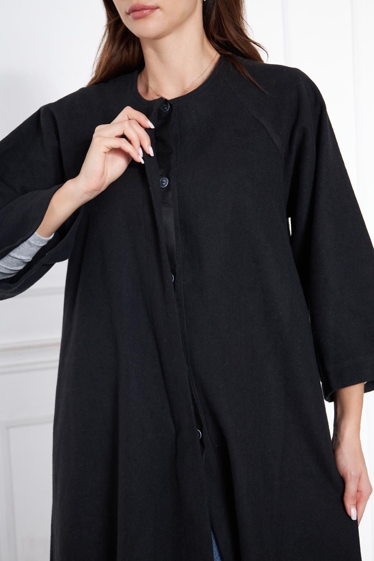 Kadın Trend Oversize Uzun Kol Şık Siyah Kaşe Panço