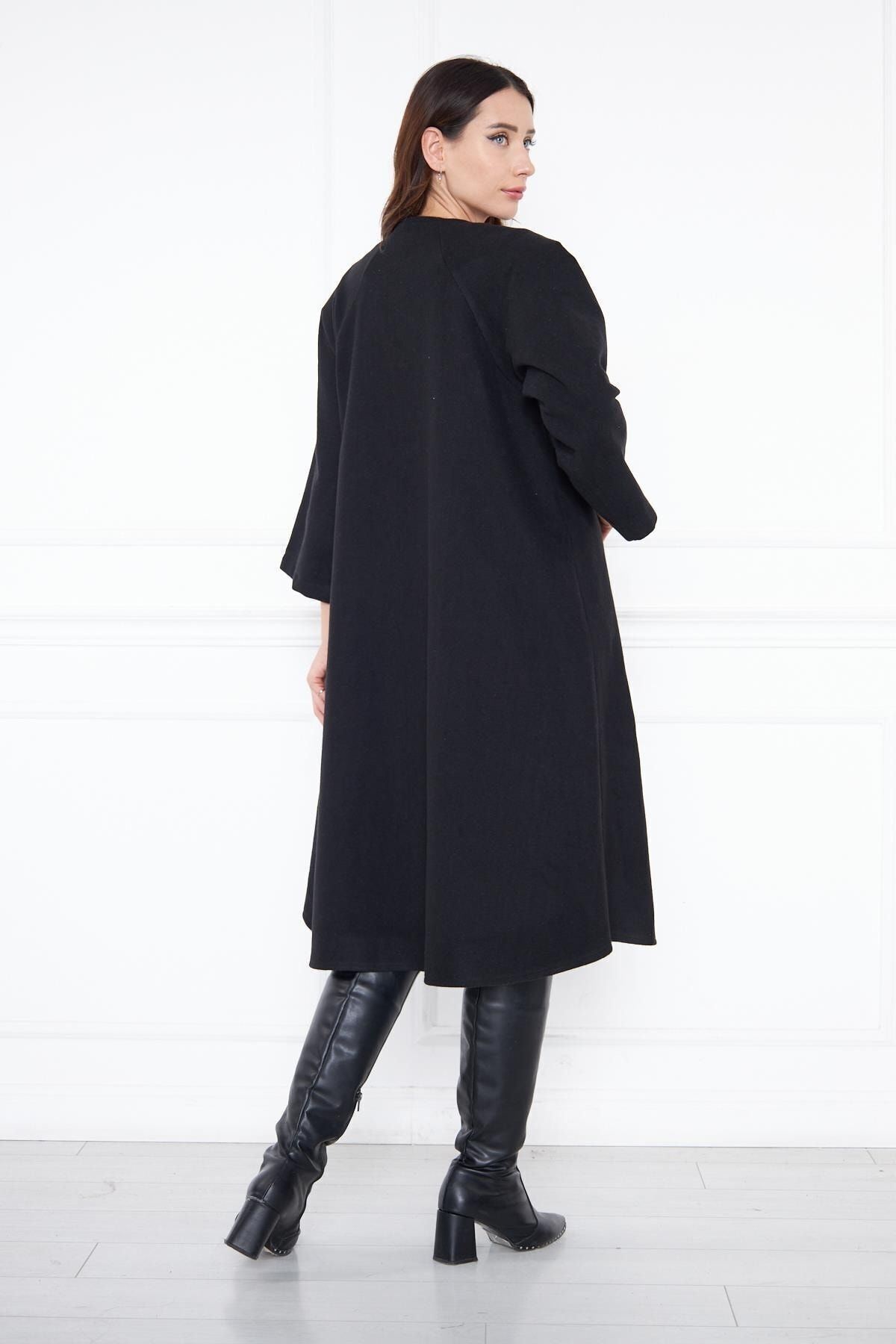 Kadın Trend Oversize Uzun Kol Şık Siyah Kaşe Panço