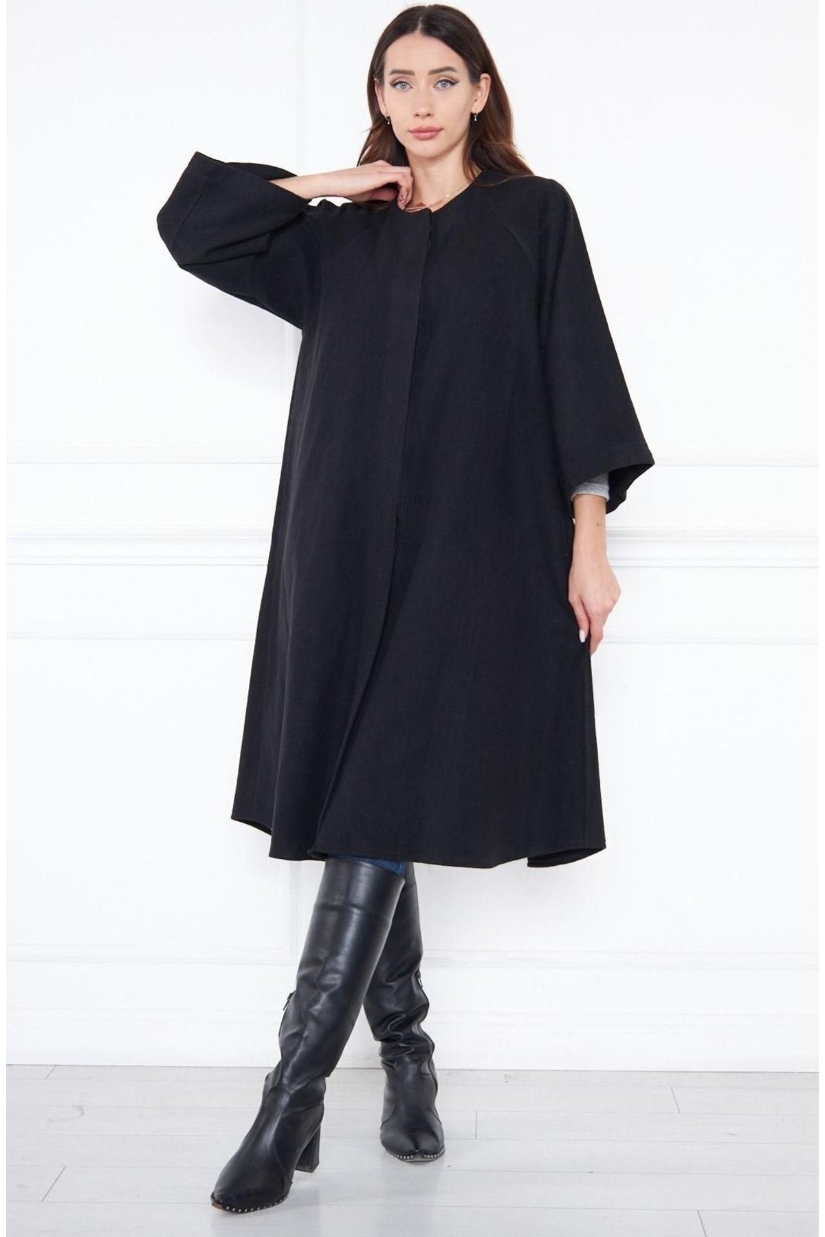 Kadın Trend Oversize Uzun Kol Şık Siyah Kaşe Panço