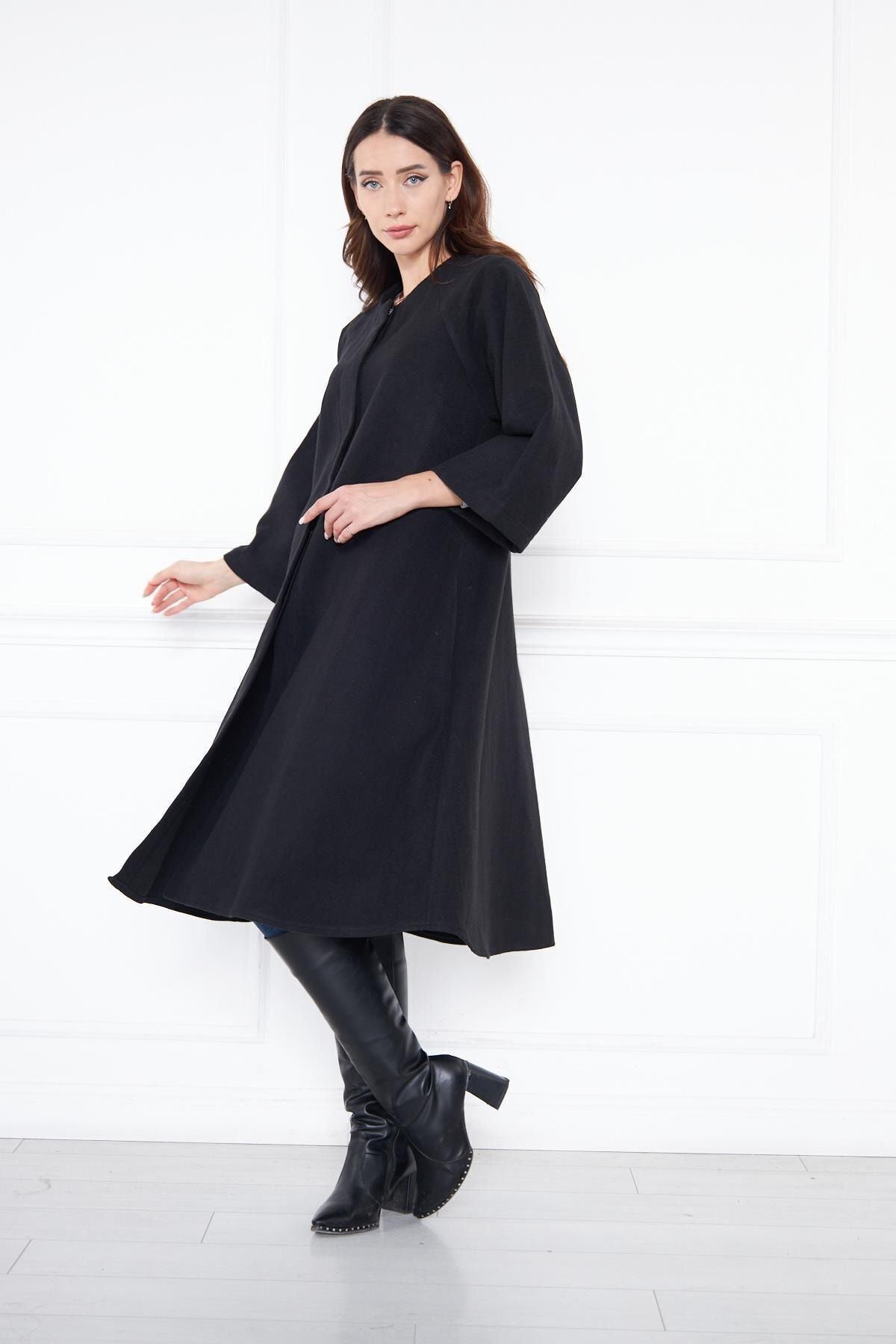 Kadın Trend Oversize Uzun Kol Şık Siyah Kaşe Panço