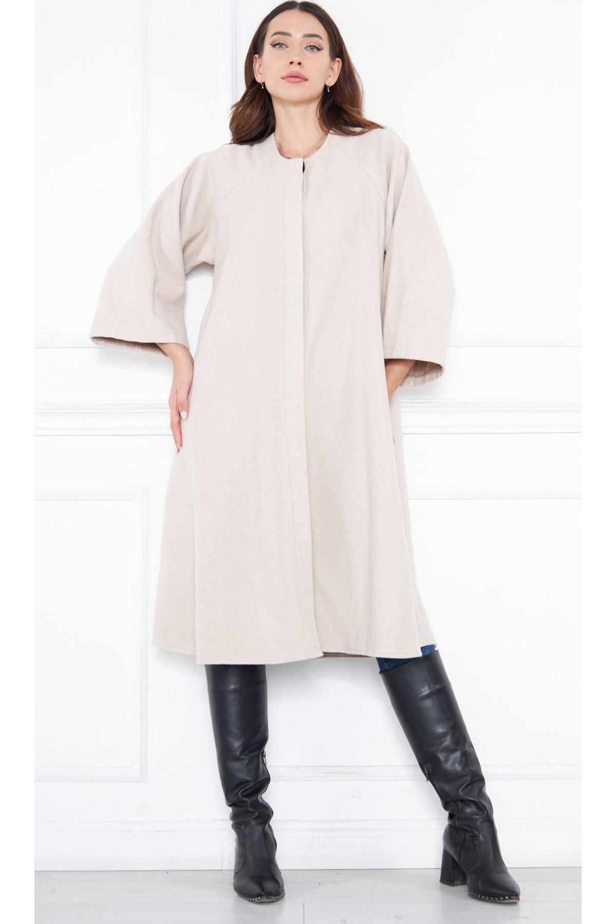 Kadın Trend Oversize Uzun Kol Şık Gri Kaşe Panço