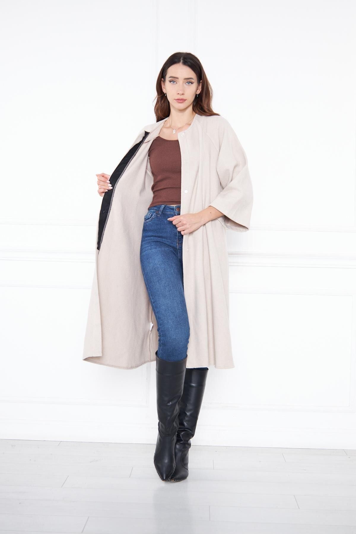 Kadın Trend Oversize Uzun Kol Şık Gri Kaşe Panço