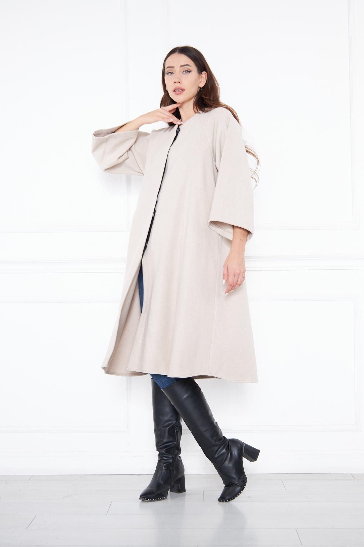 Kadın Trend Oversize Uzun Kol Şık Gri Kaşe Panço