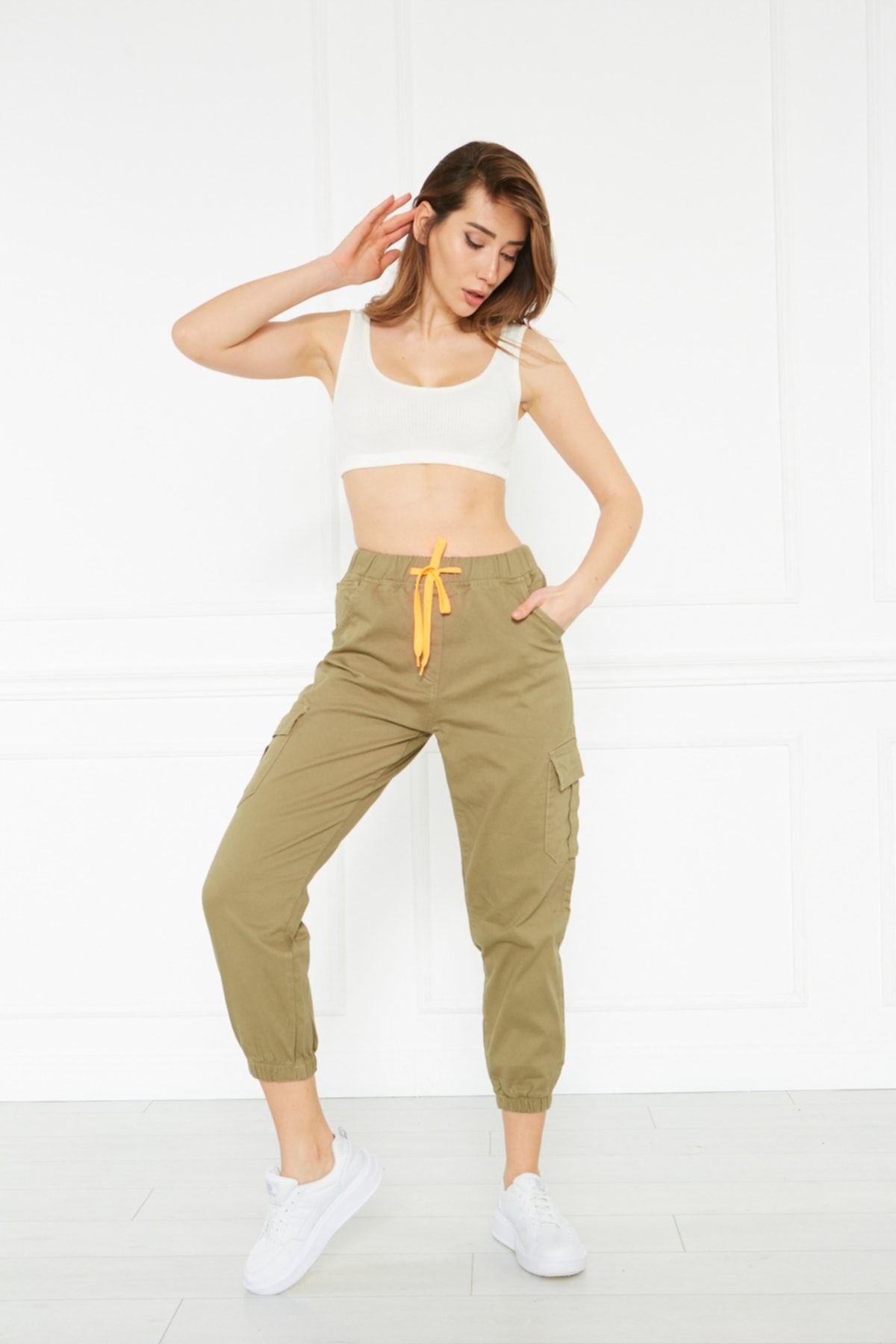 Kadın Jogger Paça Lastikli Bel Lastikli Kargo Cepli Gabardin Kadın Pantolon