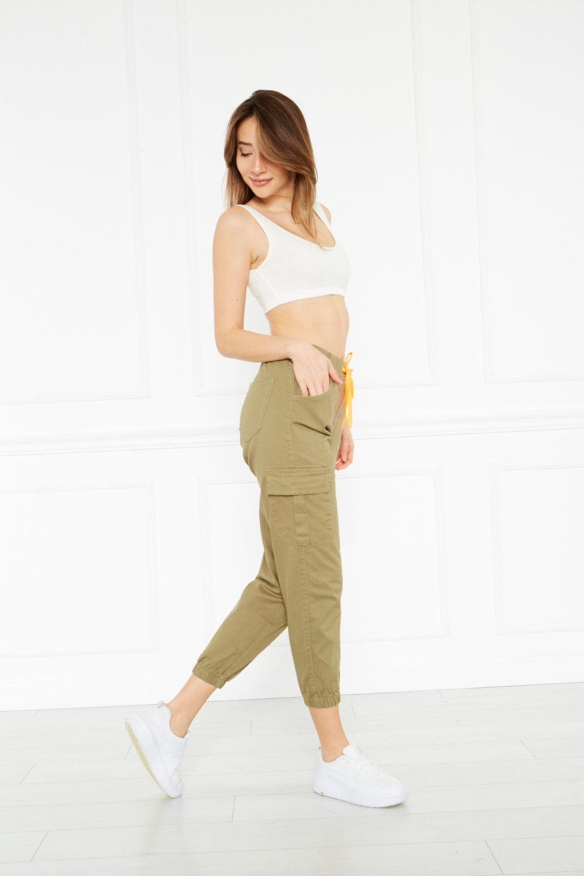 Kadın Jogger Paça Lastikli Bel Lastikli Kargo Cepli Gabardin Kadın Pantolon