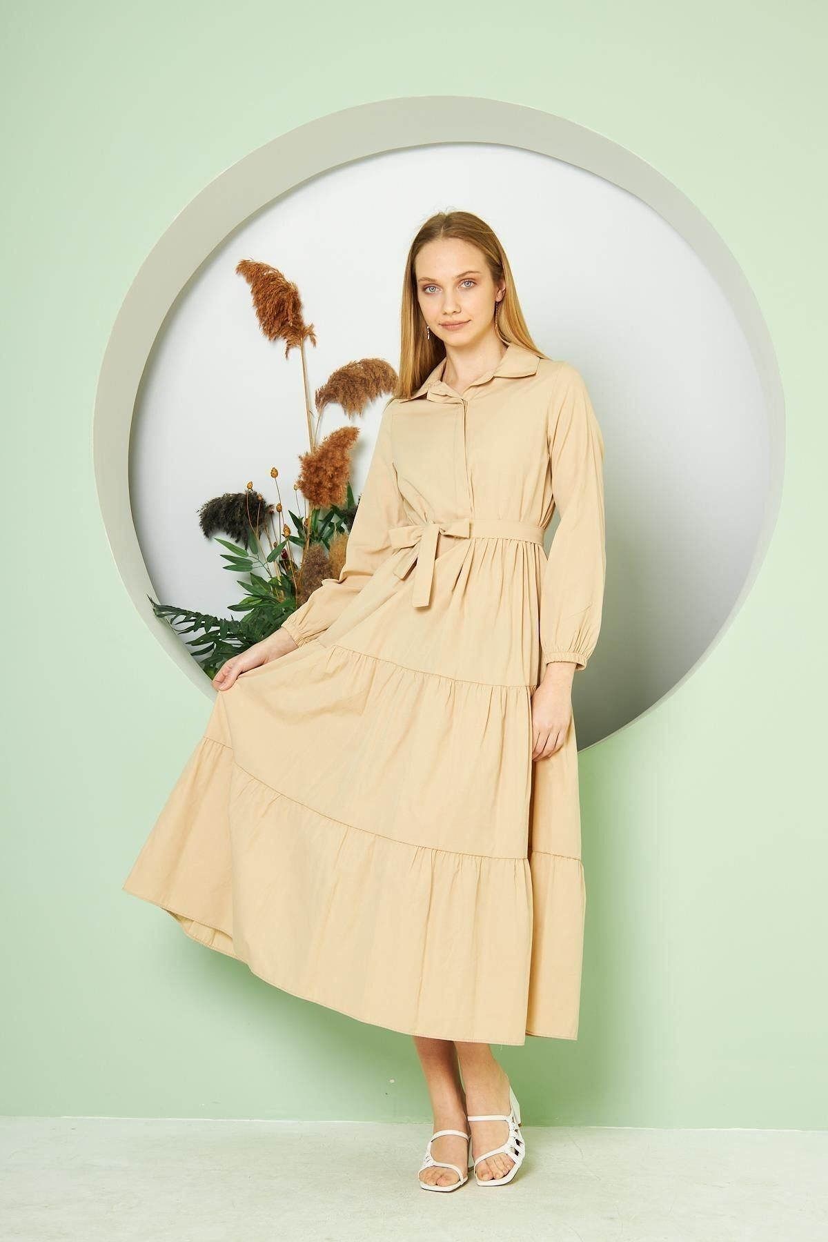 Kadın Katlı Gömlek Yaka Elbise