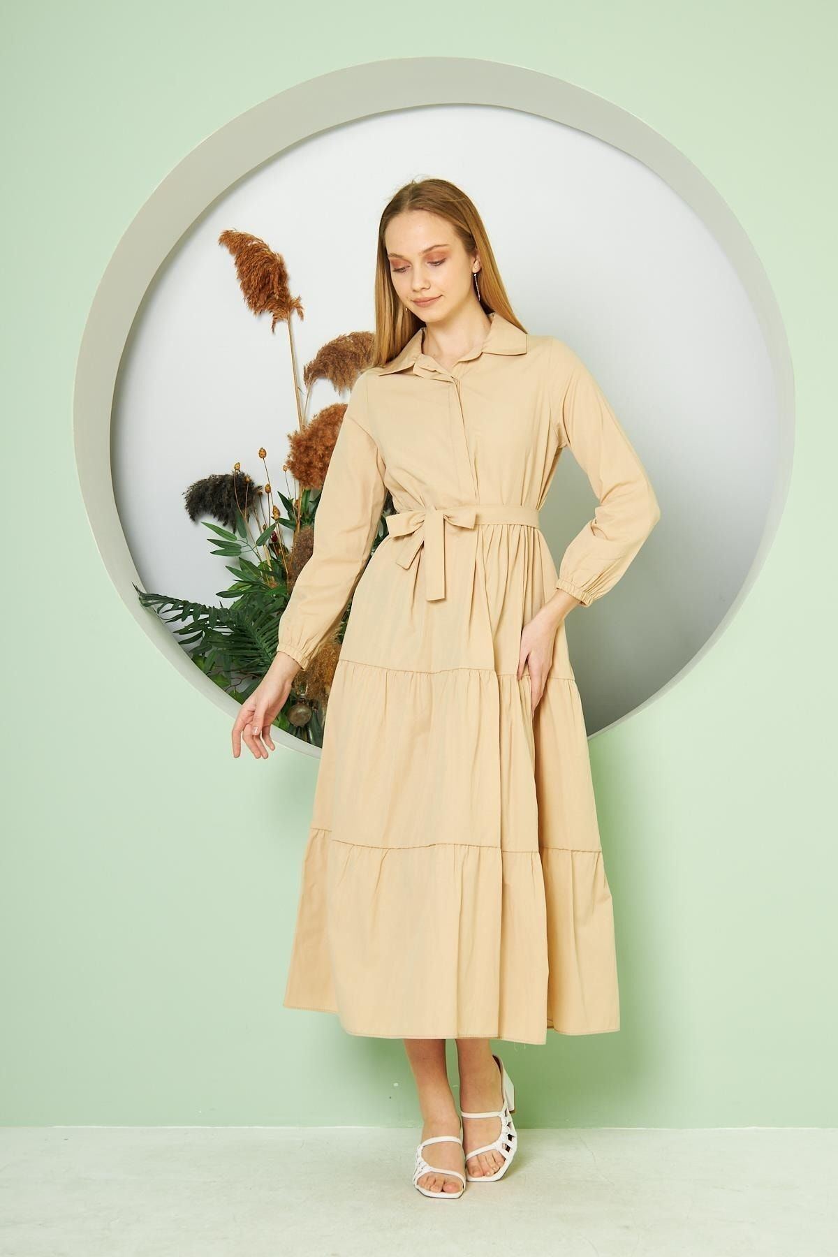 Kadın Katlı Gömlek Yaka Elbise