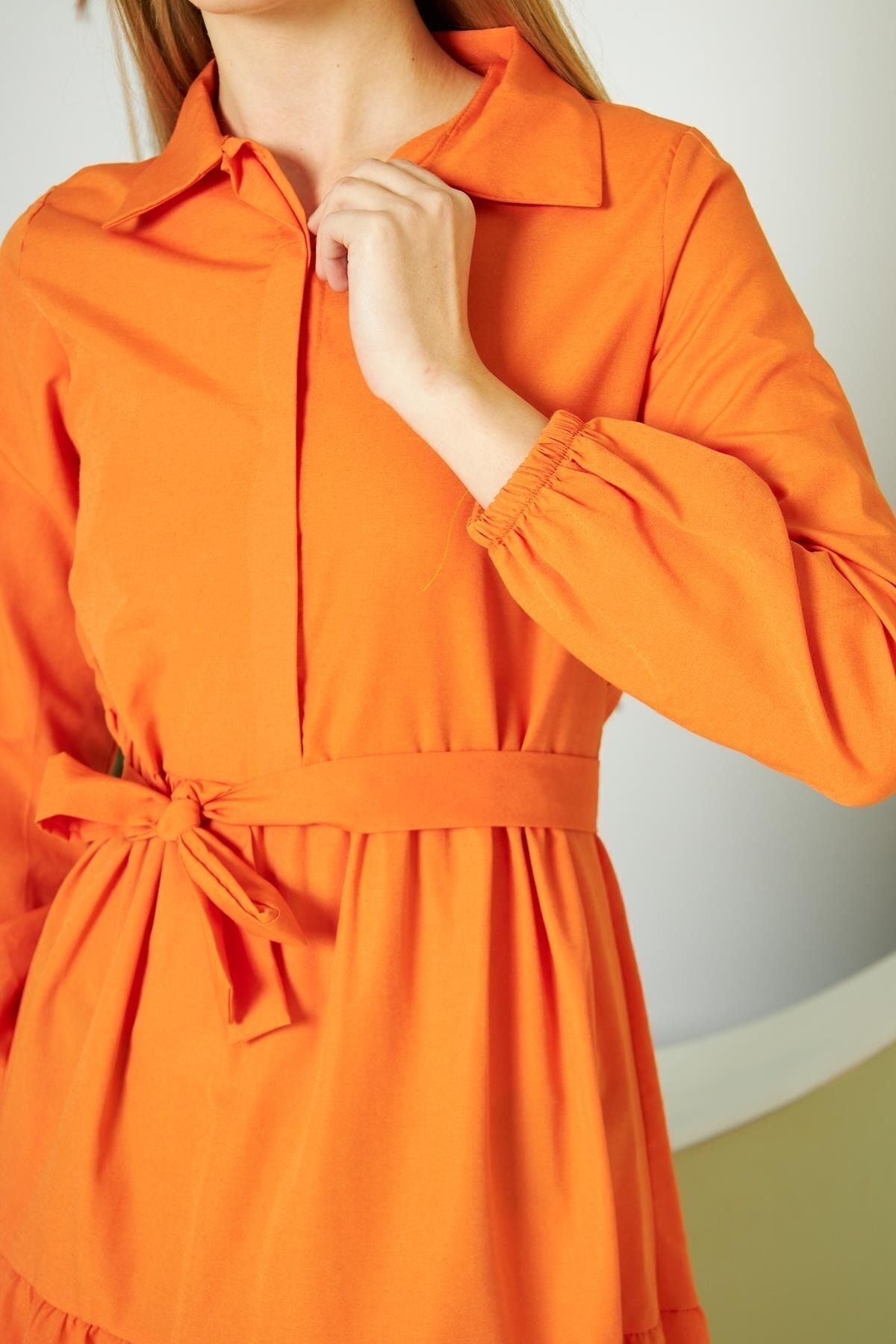 Kadın Kat Kat Gömlek Yaka Şık Turuncu Uzun Elbise