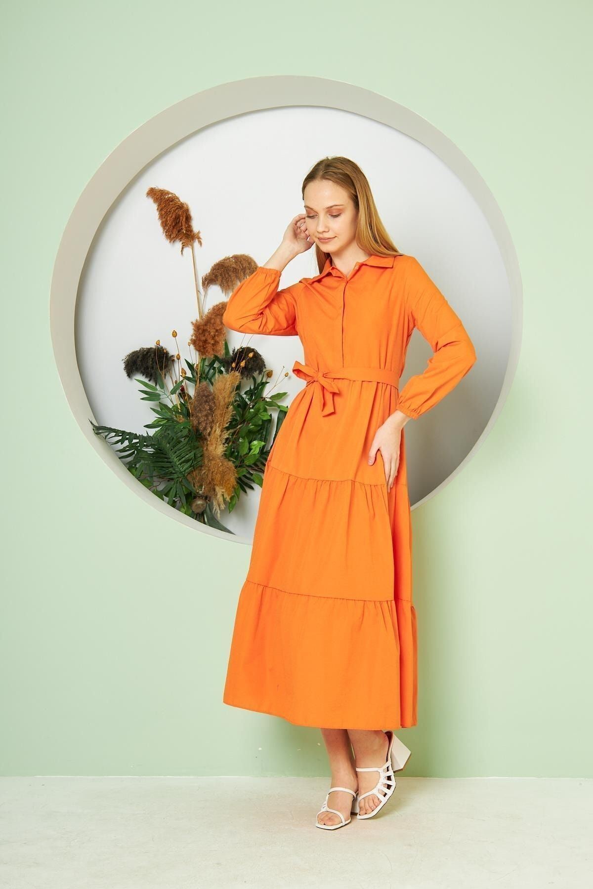 Kadın Kat Kat Gömlek Yaka Şık Turuncu Uzun Elbise