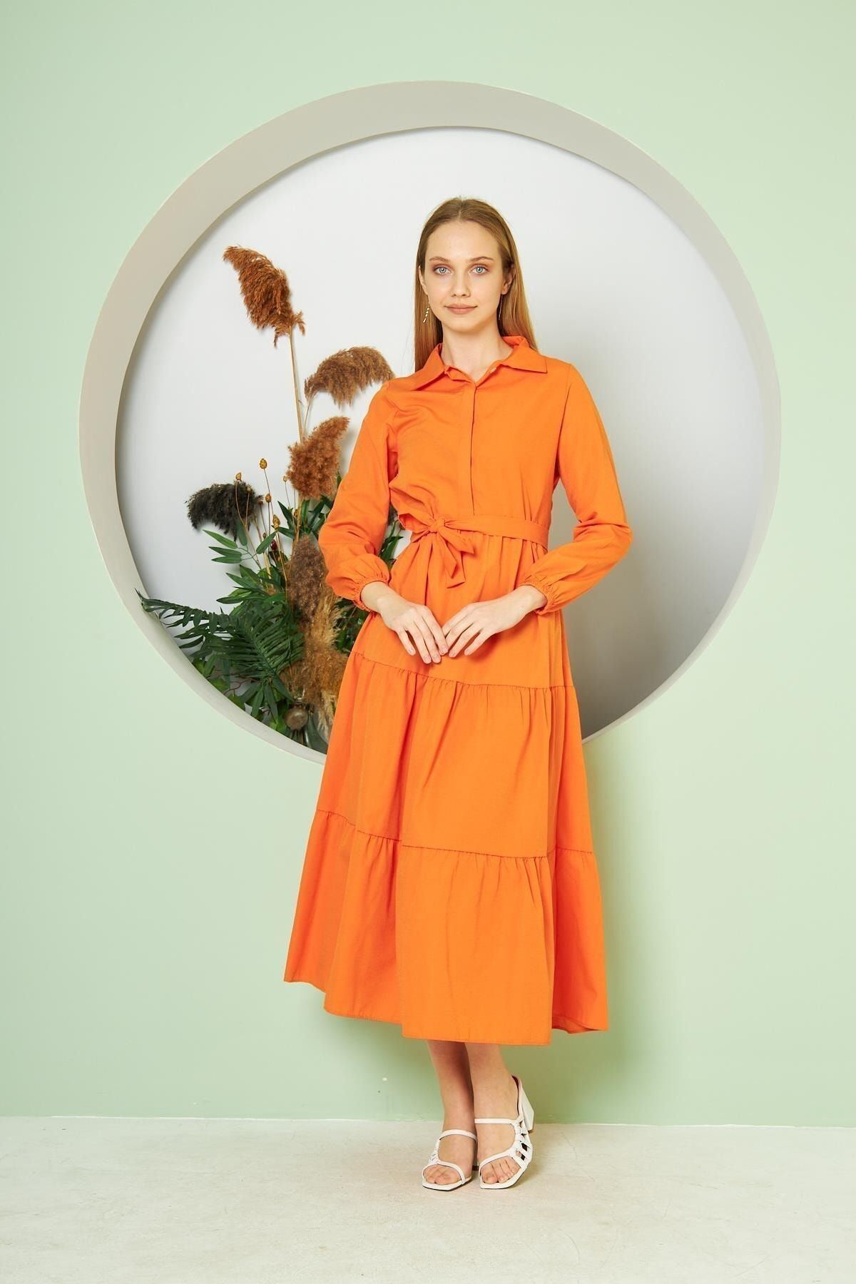 Kadın Kat Kat Gömlek Yaka Şık Turuncu Uzun Elbise