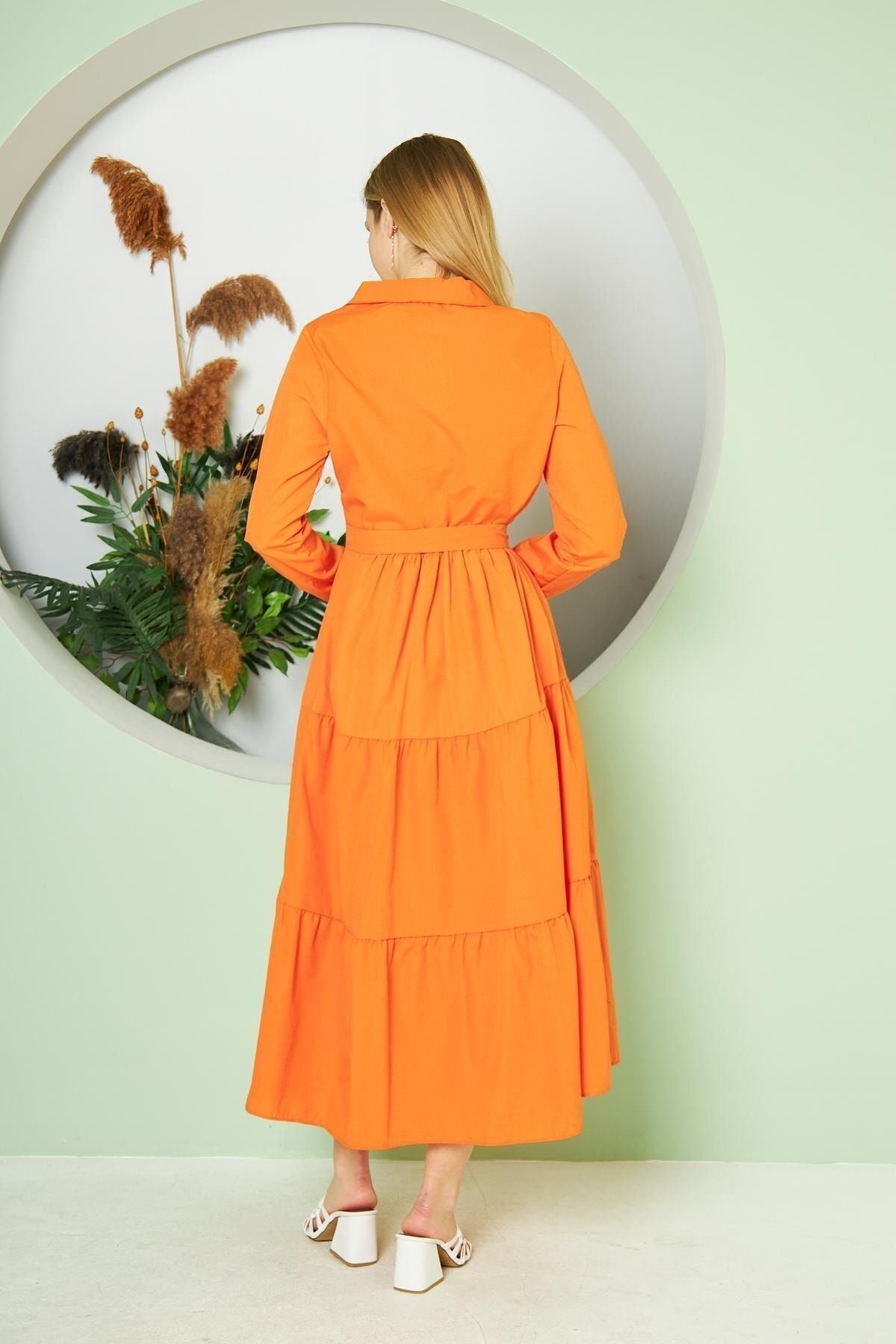 Kadın Kat Kat Gömlek Yaka Şık Turuncu Uzun Elbise