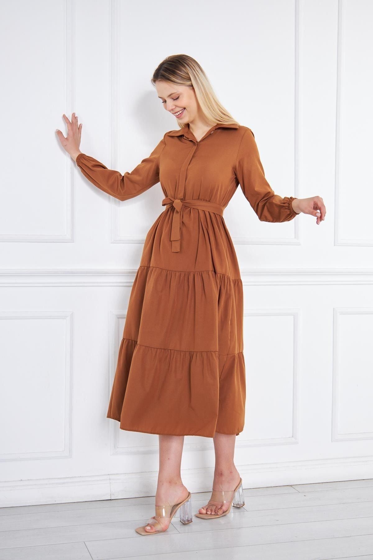 Kadın Katlı Gömlek Yaka Elbise