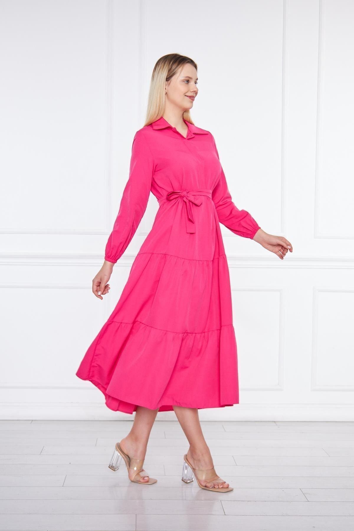 Kadın Katlı Gömlek Yaka Elbise