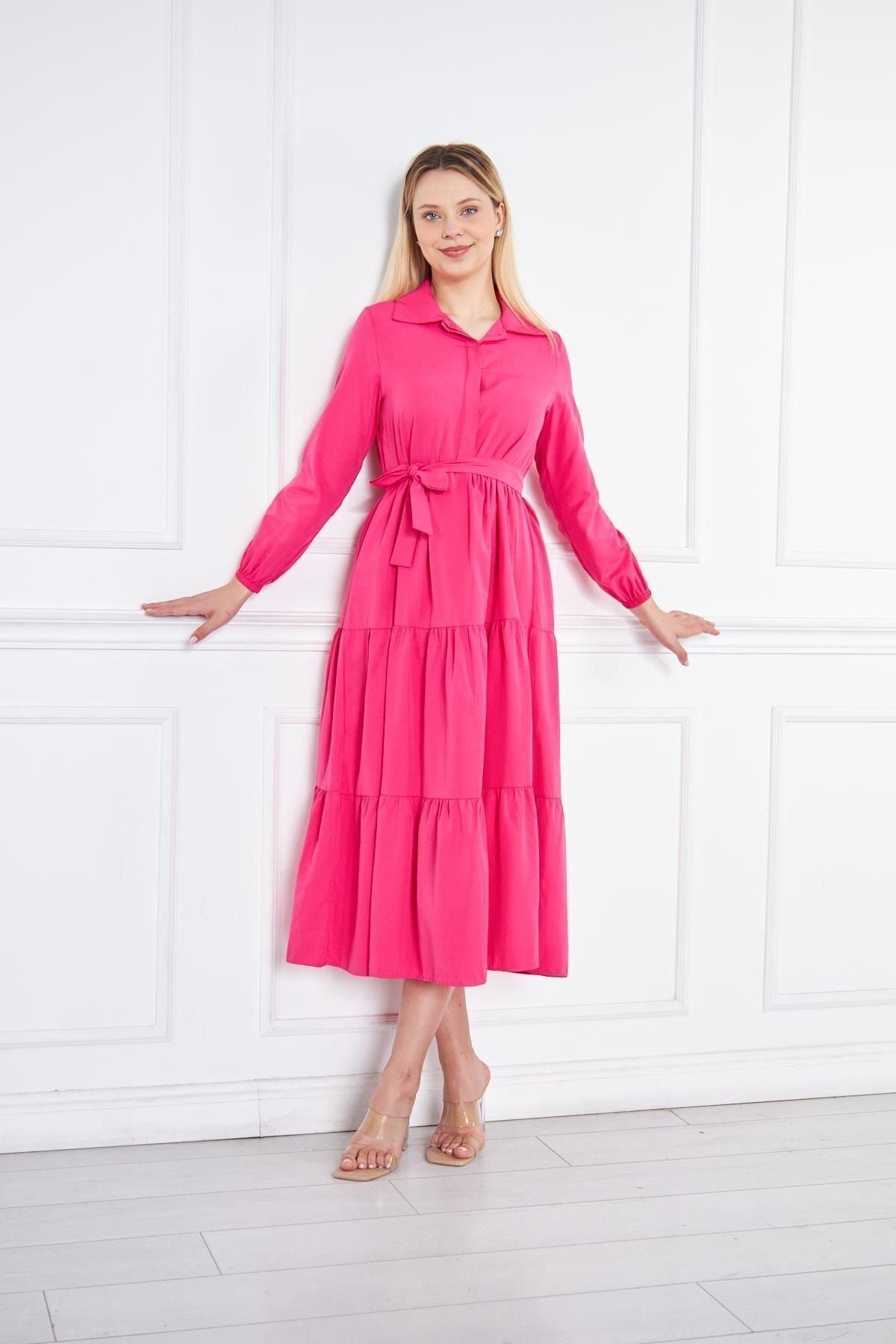 Kadın Katlı Gömlek Yaka Elbise