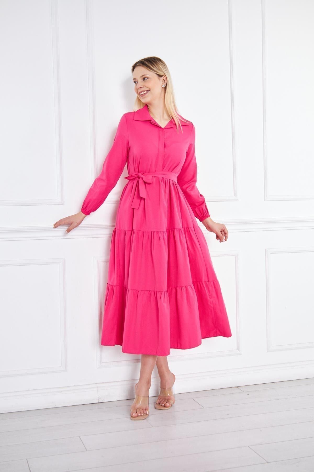 Kadın Katlı Gömlek Yaka Elbise