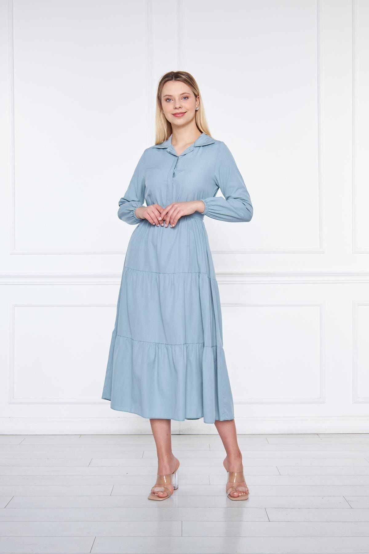 Kadın Katlı Gömlek Yaka Elbise