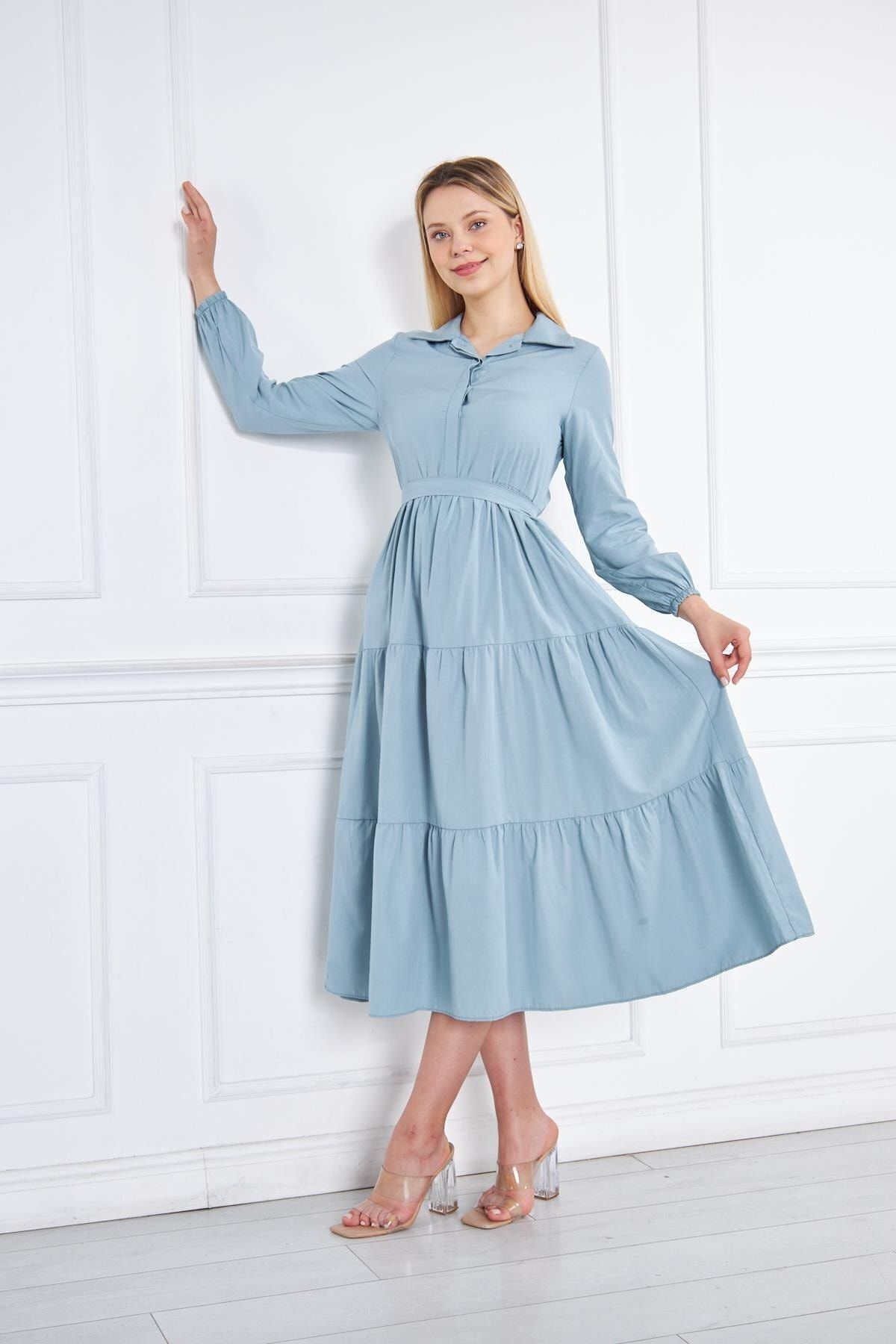 Kadın Katlı Gömlek Yaka Elbise