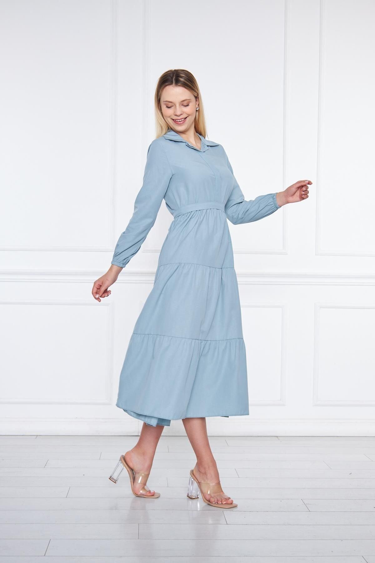 Kadın Katlı Gömlek Yaka Elbise