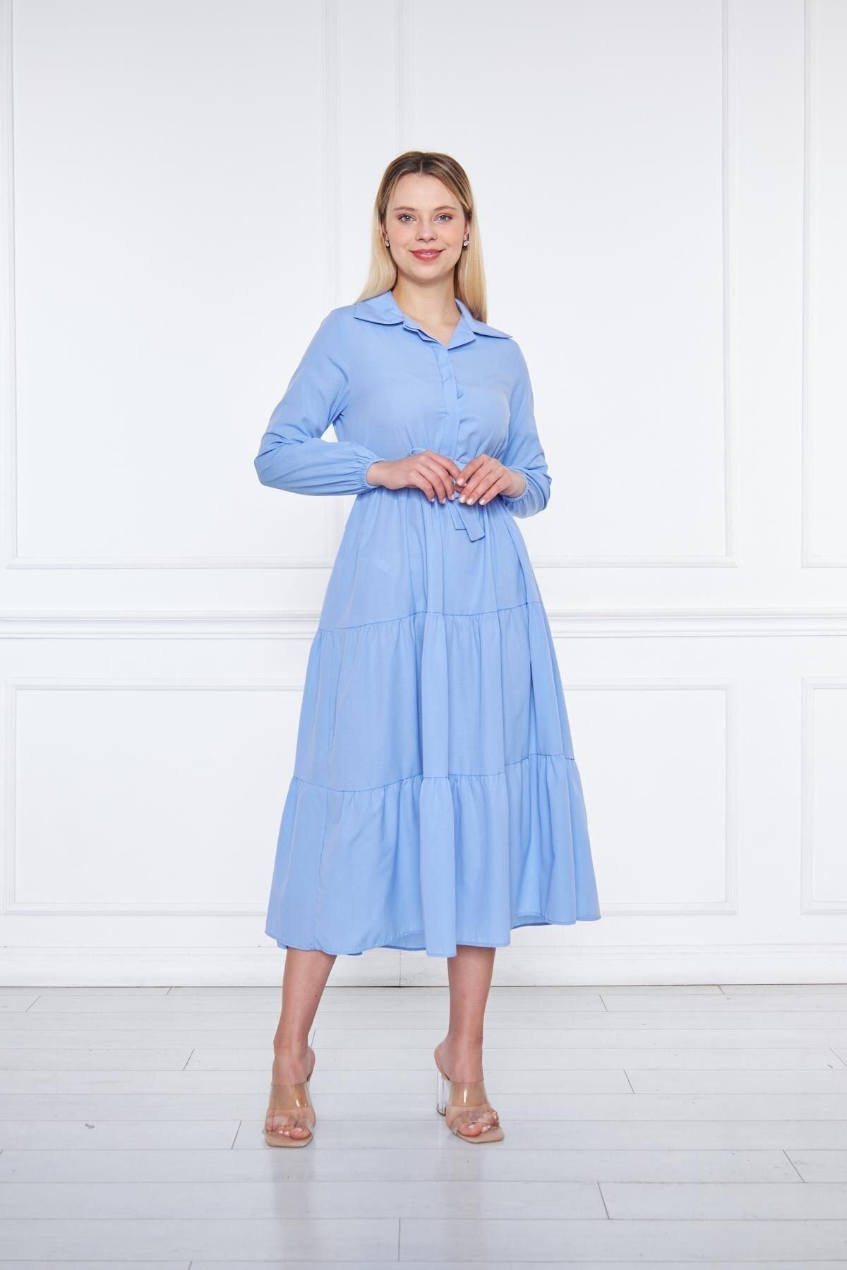 Kadın Kat Kat Gömlek Yaka Şık Bebe Mavi Uzun Elbise